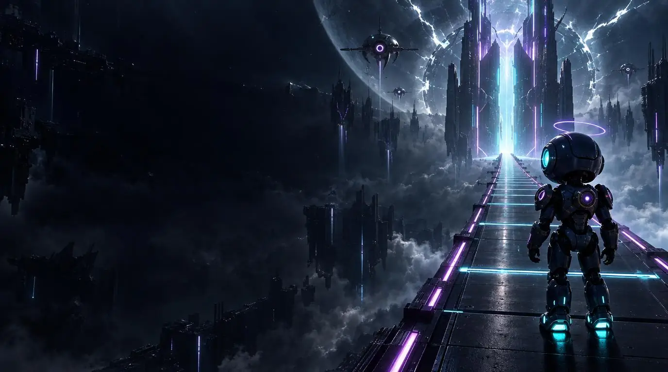UNIT 07 at the start of a glowing skyway, with an exit portal tearing open in the distance.