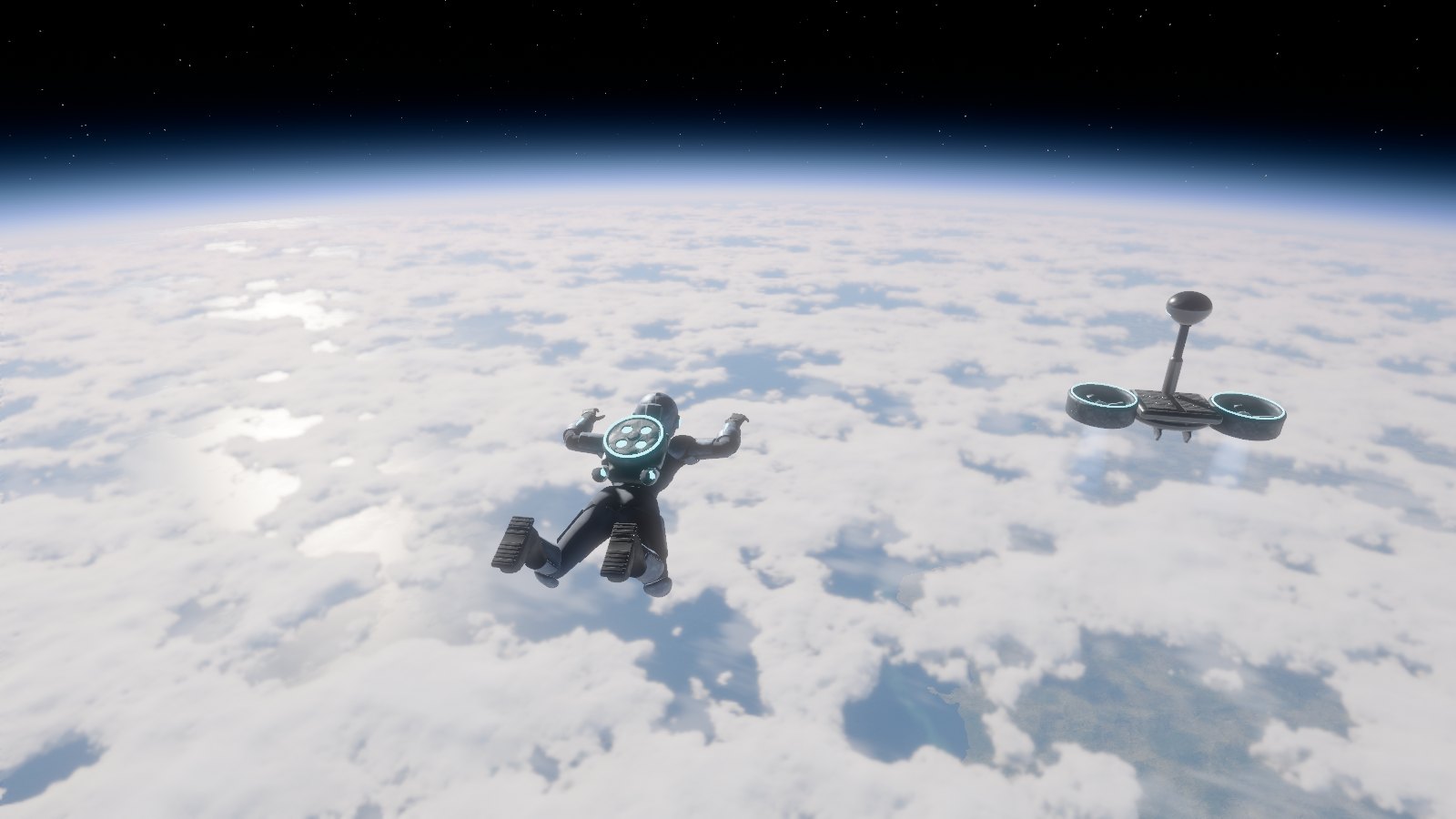 Terminal Descent gameplay: an armoured skydiver and cyan-lit SI-AI drone above Earth's cloud layer.